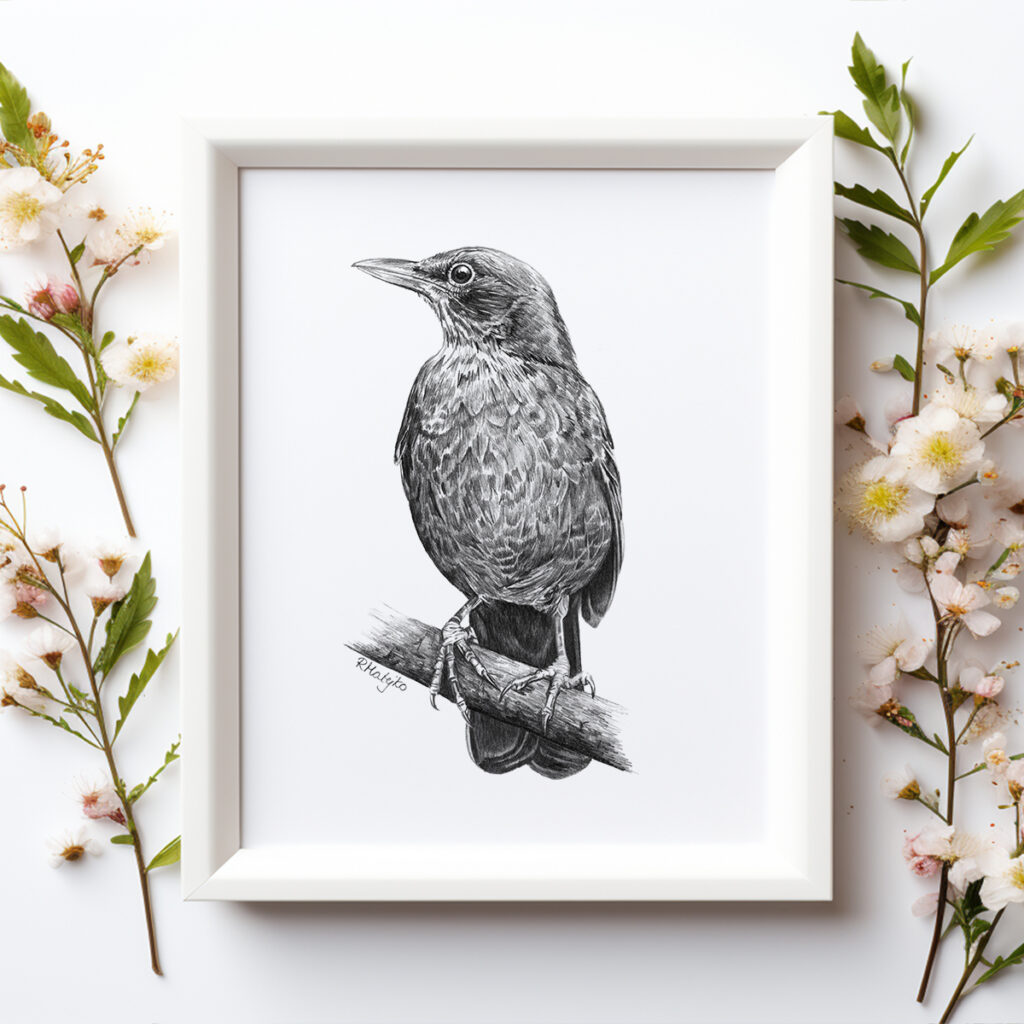 Female blackbird pencil drawing